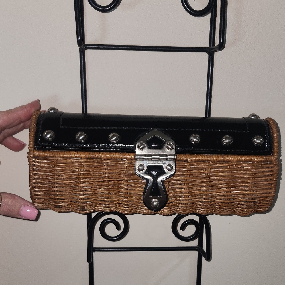 Michael Kors Leather Basket Wicker Silver Studded Clutch Purse Vintage